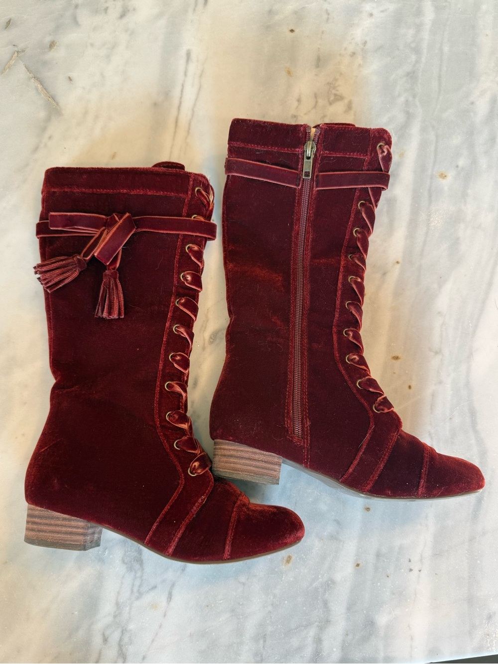 Joyfolie Burgundy Velvet Lace-Up Boots with Tassel